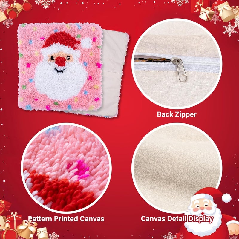 Beyond Your Thoughts Christmas Latch Hook Kits DIY Pink Throw Pillow Cover Cute Santa with Color Pattern Printed for Kids Adults Beginners Family Decoration 16.5 * 16.5 inches BZ2403 - Image 5